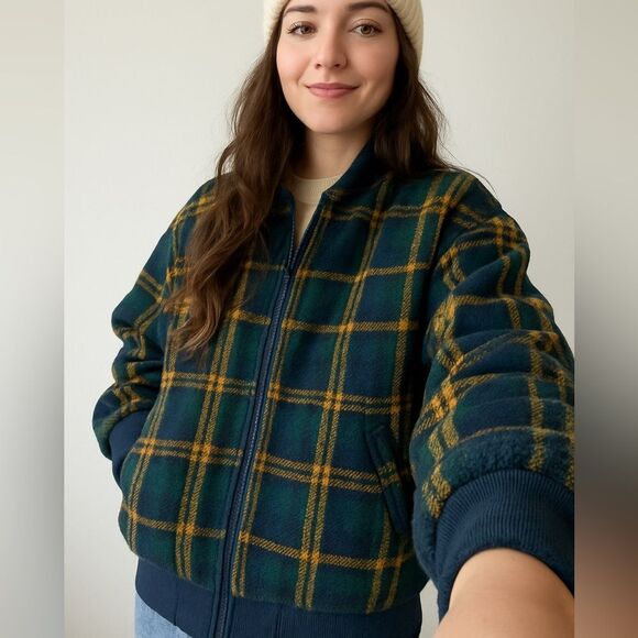 Vintage EMS Plaid Sherpa Fleece Bomber Jacket Mens Small 90s Utility Nordic Ski